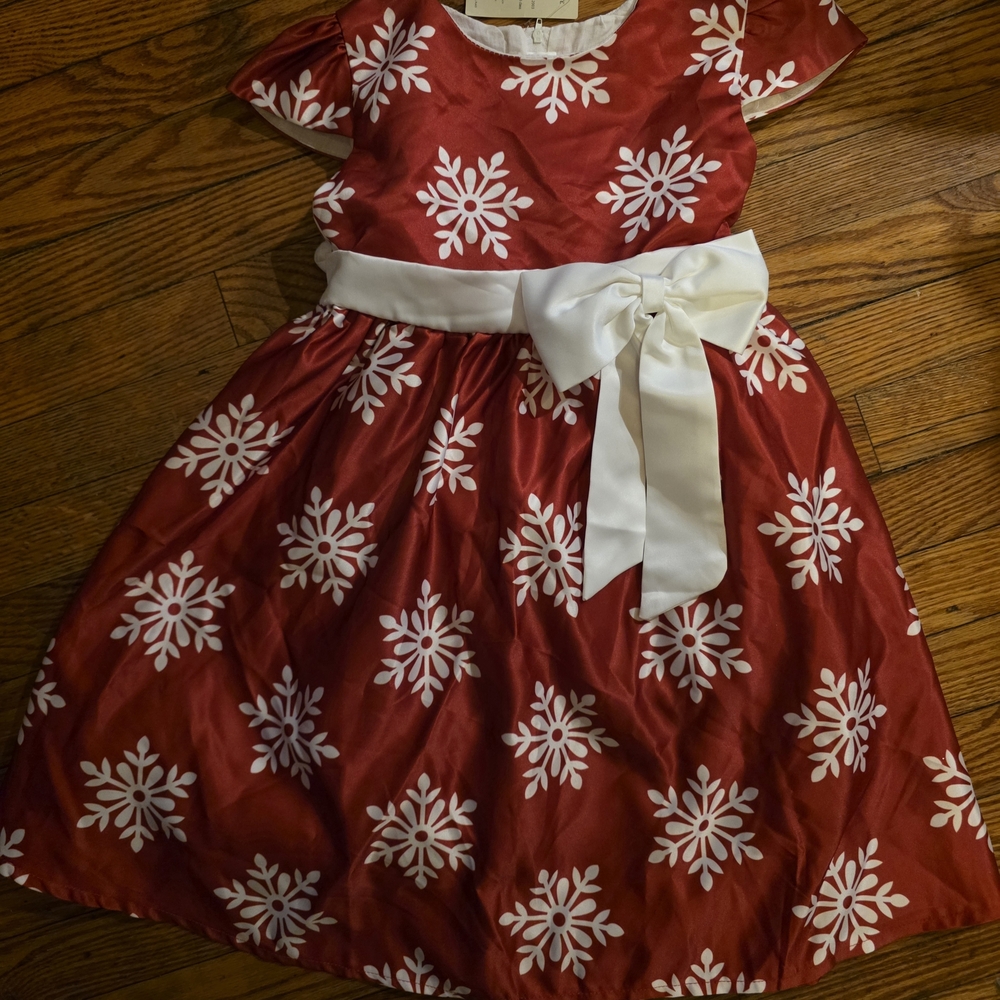 Girls' Red Snowflake Holiday Dress with White Bow